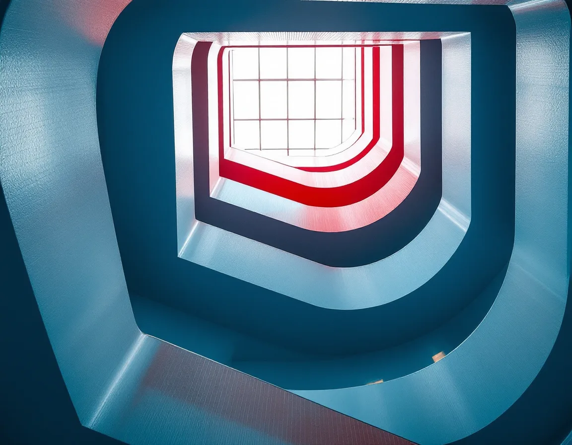 A symmetrical stairwell seen from below, railings stacking toward a skylight